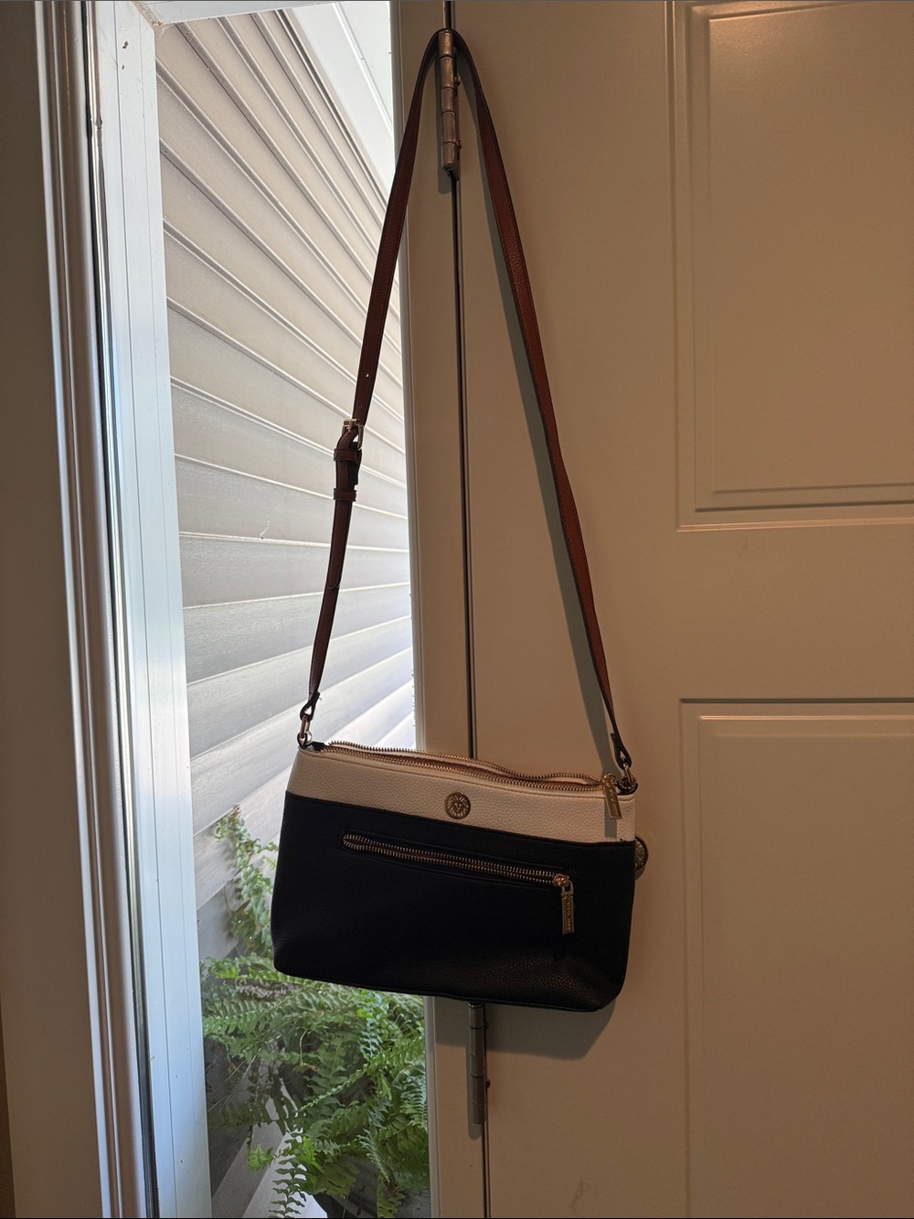 Anne Klein Black and Cream Crossbody Bag with Brown Strap